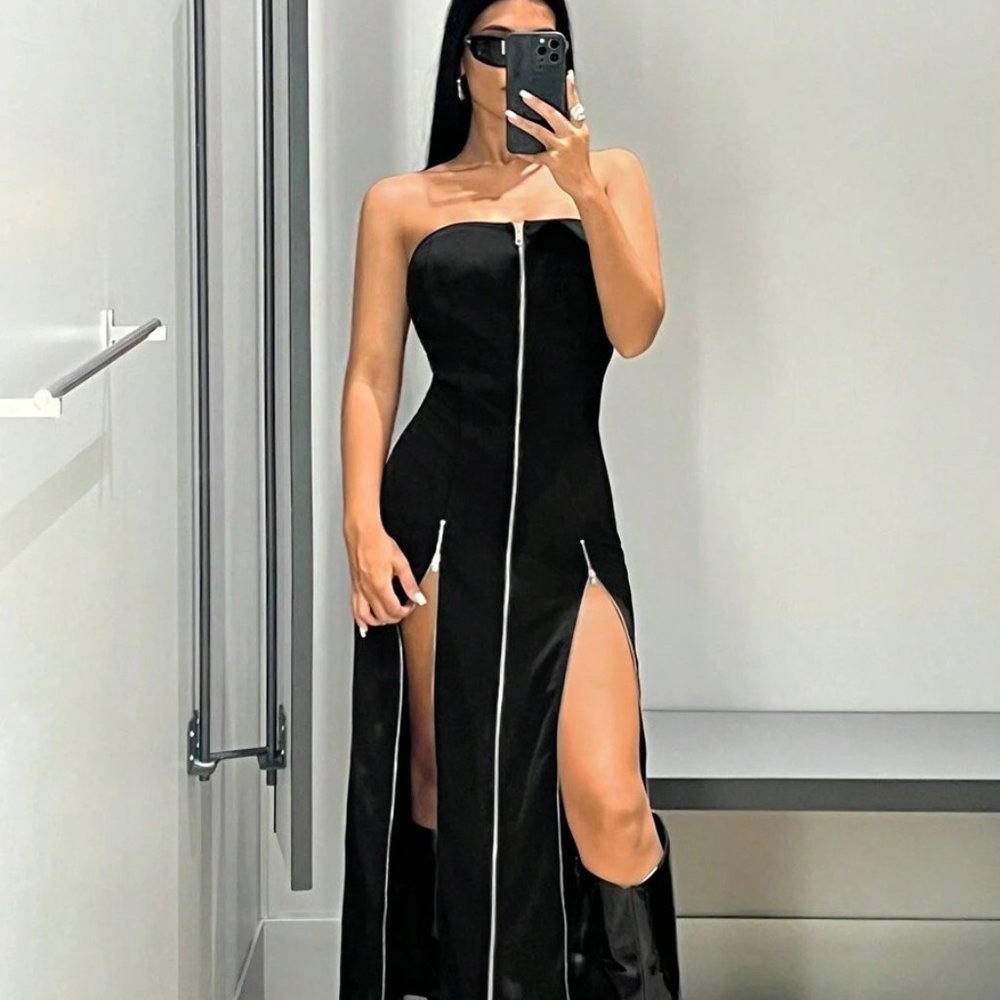 Sexy Black  Zip Up Split Thigh Tube Dress - Picture 2 of 4